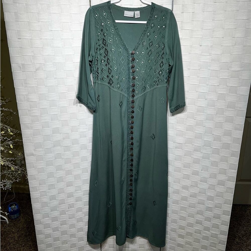 Soft Surroundings Womens Embroidered Sequin Kaftan Maxi Dress Size Small Green - Picture 7 of 11